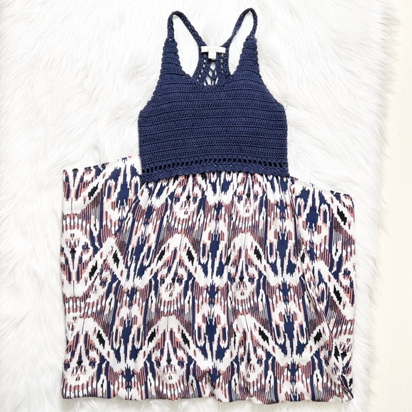 Ella Moss Navy Blue Crochet Colorful Watercolor Split Hem Sleeveless Maxi Dress - Picture 9 of 12